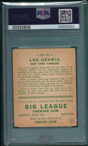 1933 Goudey #92 Lou Gehrig PSA 2