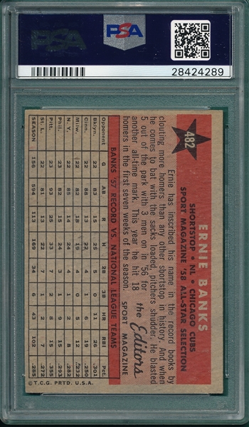 1958 Topps #482 Ernie Banks, AS, PSA 6