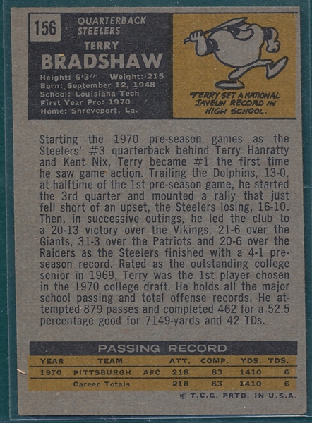 1971 Topps FB #156 Terry Bradshaw, Rookie