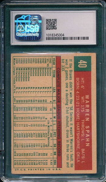 1959 Topps #040 Warren Spahn CSG 5