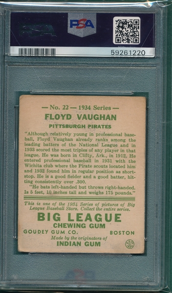 1934 Goudey #22 Floyd Vaughan PSA 3