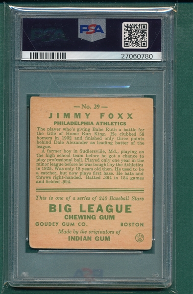 1933 Goudey #029 Jimmy Foxx PSA 3