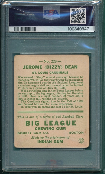 1933 Goudey #223 Dizzy Dean PSA 2