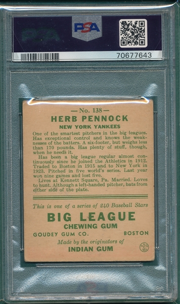 1933 Goudey #138 Herb Pennock PSA 3