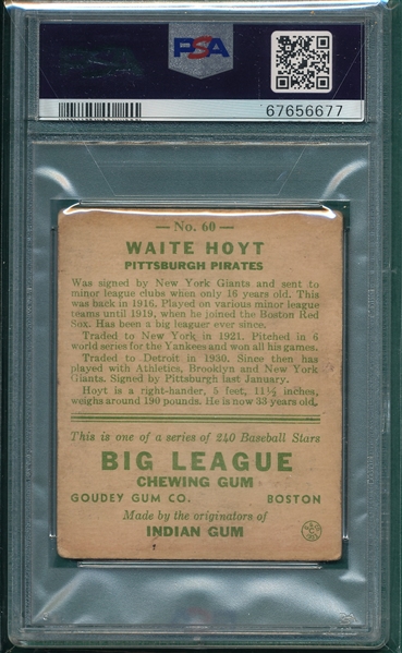 1933 Goudey #060 Waite Hoyt PSA 2