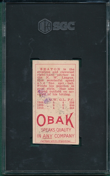 1910 T212-2 Seaton, Seattle, Obak Cigarettes SGC Authentic