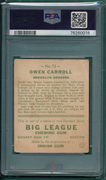 1933 Goudey #072 Owen Carroll PSA 2