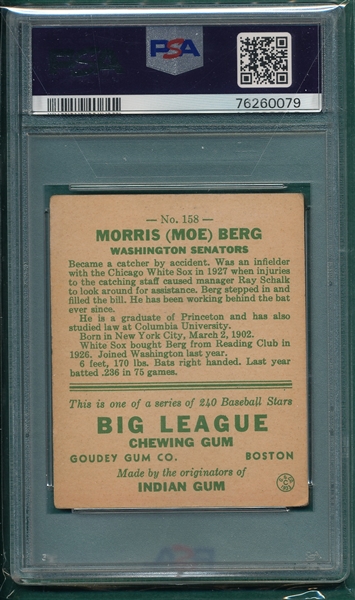 1933 Goudey #158 Moe Berg PSA 2
