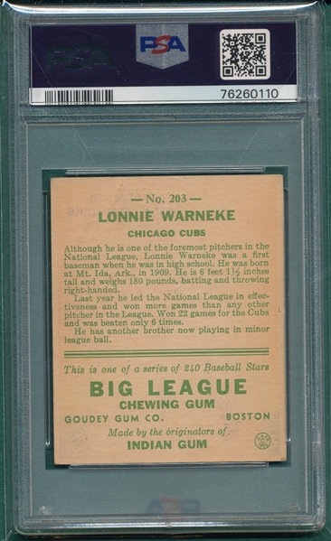 1933 Goudey #203 Lonnie Warneke PSA 2