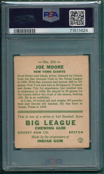 1933 Goudey #231 Joe Moore PSA 2