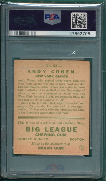 1933 Goudey #052 Andy Cohen PSA 3