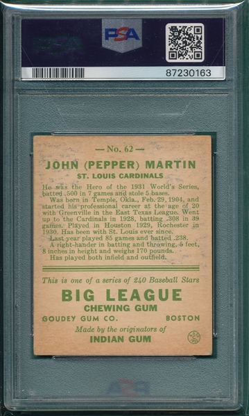 1933 Goudey #062 Pepper Martin PSA 4