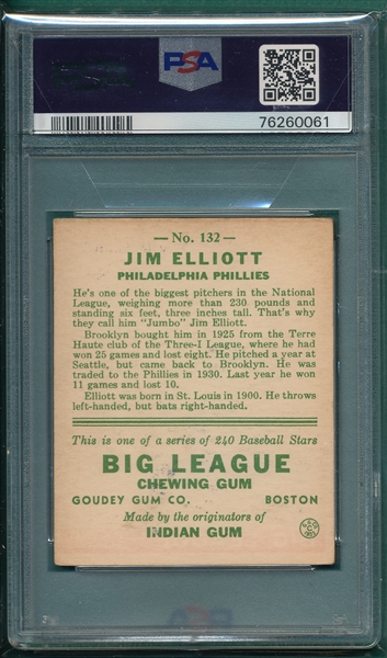 1933 Goudey #132 Jim Elliott PSA 4