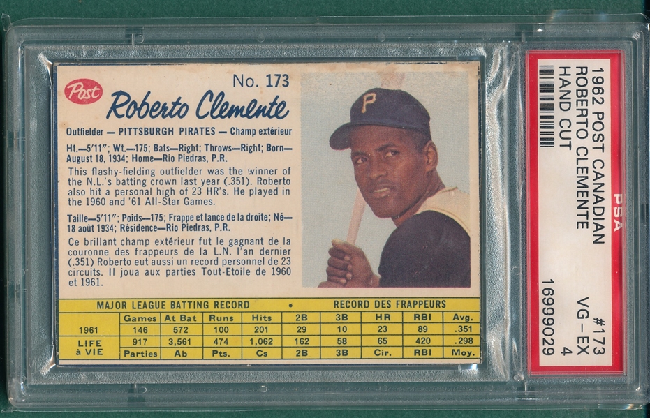 1962 Post Canadian #173 Roberto Clemente PSA 4
