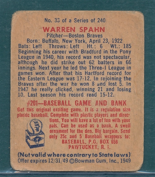 1949 Bowman #33 Warren Spahn