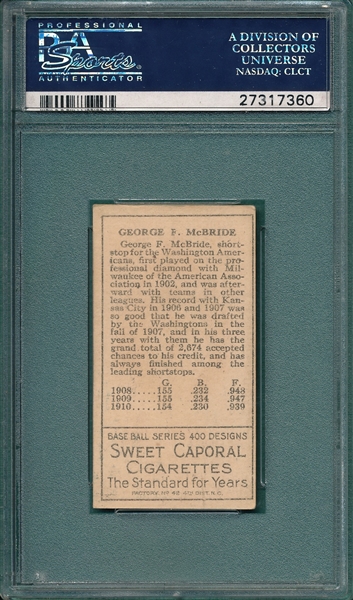 1911 T205 McBride Sweet Caporal Cigarettes PSA 4.5