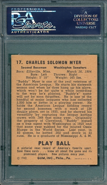 1940 Play Ball #017 Buddy Myer PSA 5 