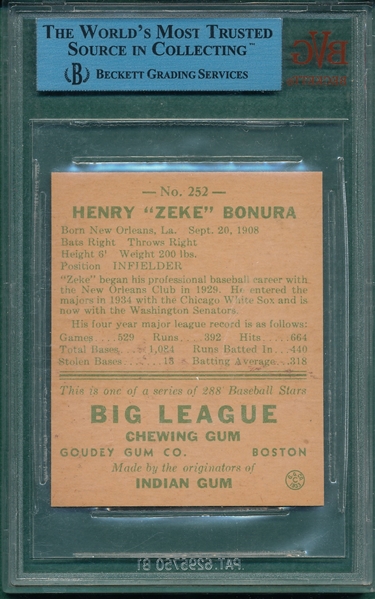1938 Goudy #252 Zeke Bonura BVG Authentic