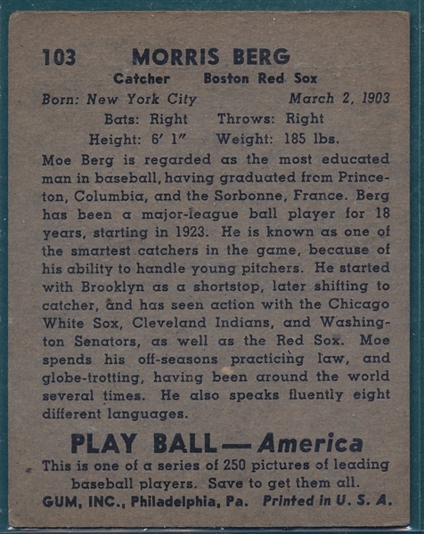 1939 Play Ball #103 Moe Berg