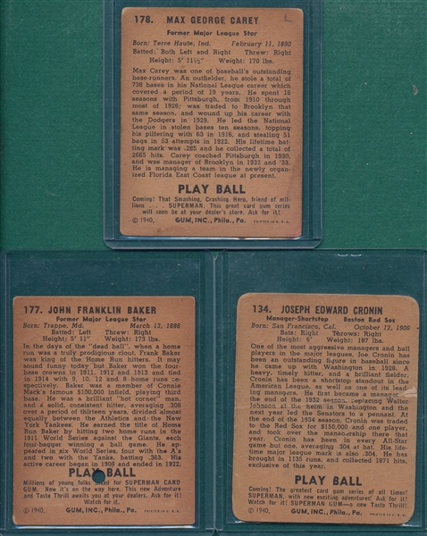 1940 Play Ball #134 Cronin, #177 Baker & #178 Carey, Lot of (3)