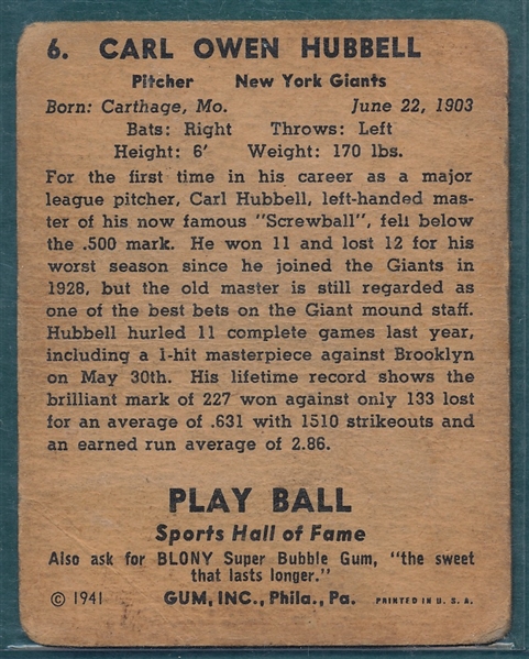 1941 Play Ball #6 Carl Hubbell
