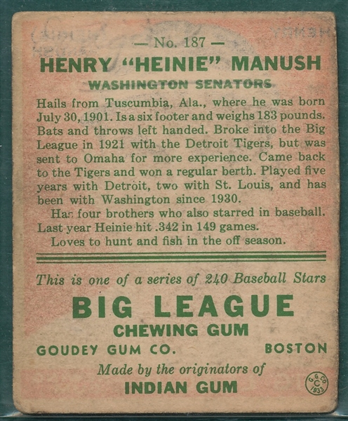 1933 Goudey #187 Heinie Manush