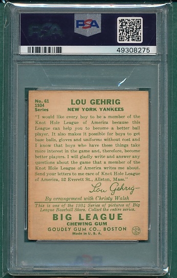 1934 Goudey #61 Lou Gehrig PSA 3