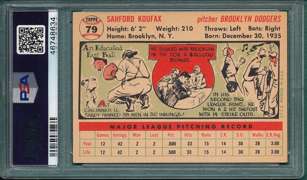 1956 Topps #079 Sandy Koufax PSA 6 *White*