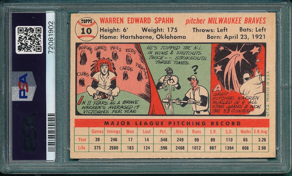 1956 Topps #010 Warren Spahn PSA 4 *White*