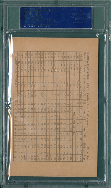 1962 Exhibits Stats Back, Yogi Berra, PSA 4