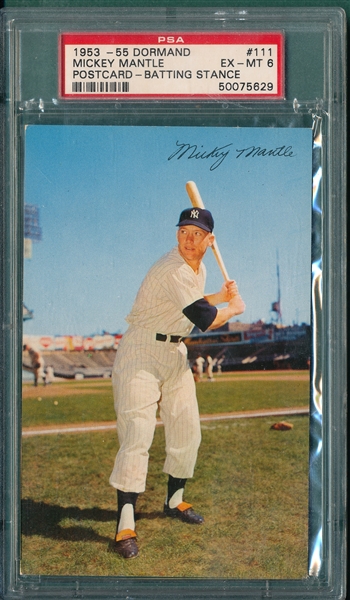 1953-55 Dormand Postcard #111 Mickey Mantle, Batting Stance, PSA 6