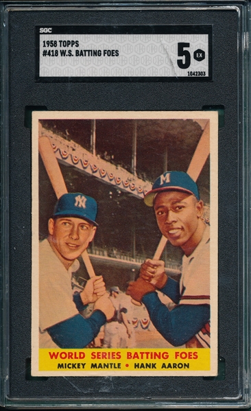 1958 Topps #418 World Series Batting Foes W/ Aaron & Mantle, SGC 5