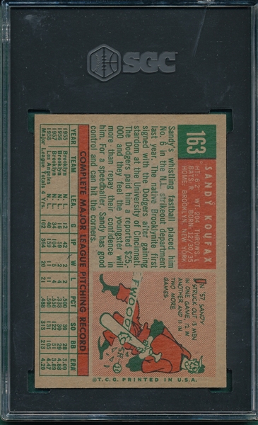 1958 Topps #163 Sandy Koufax SGC 5