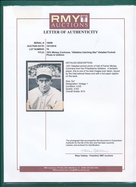 1931 Type 1 Photograph Mickey Cochrane, RMY Authentic