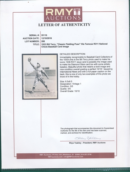 1933 Type 1 Photograph Bill Terry, RMY Authentic