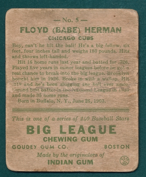 1933 Goudey #5 Babe Herman